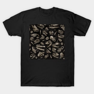 Dinosaur skull sketch tiled pattern black natural T-Shirt